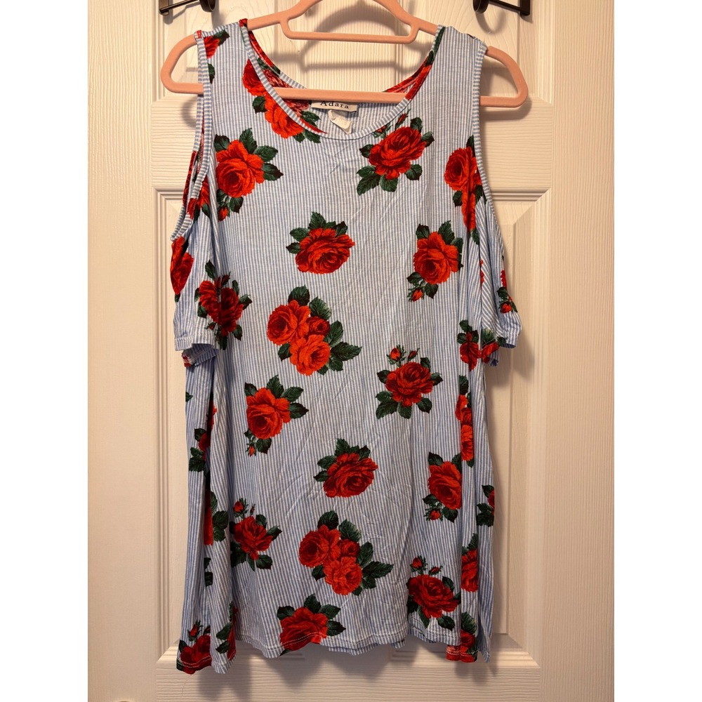 Adara Women Blue White Pinstripe Red Rose Cold Shoulder Floral Top Large USA